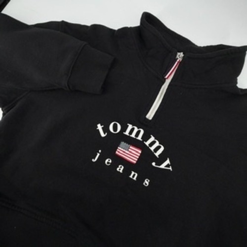Tommy Jeans Mens L Black Quarter Zip Cropped Sweatshirt Embroidered Logo Flag